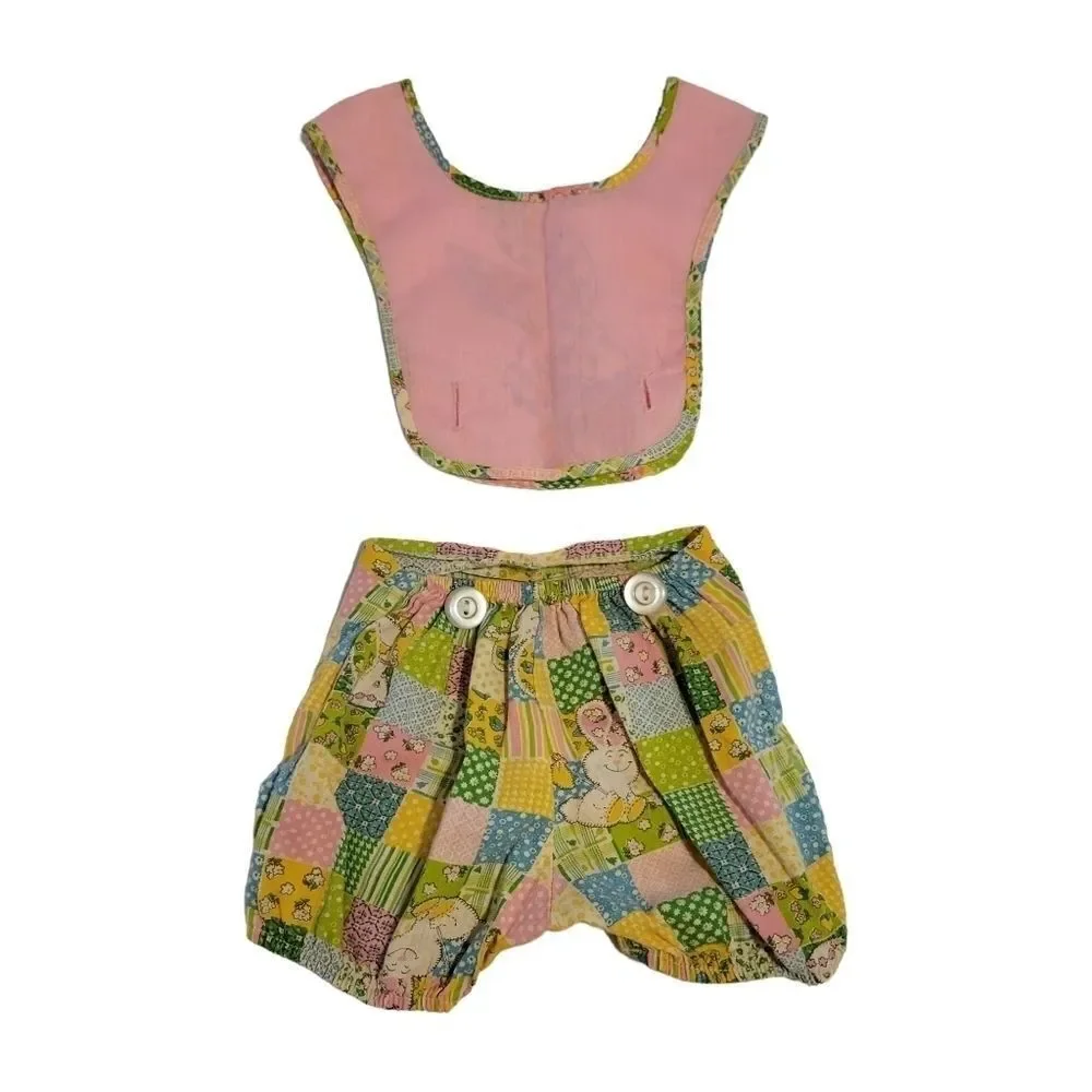 Vintage 70s Easter or Summer Romper with Bunny Rabbit Plaid Quirky OOAK